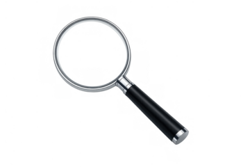 Magnifying glass showing search, analysis, discovery, and investigation concepts on a transparent background