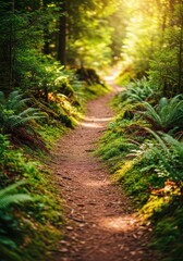 Obraz premium A pristine, winding dirt path carved recently through thick, lush forest undergrowth, symbolizing a brand new journey or clean start, potential., direction, progress