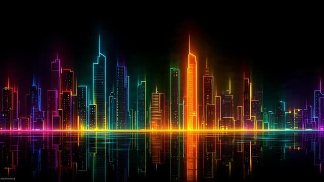Vibrant City Skyline Neon Lights Reflection.