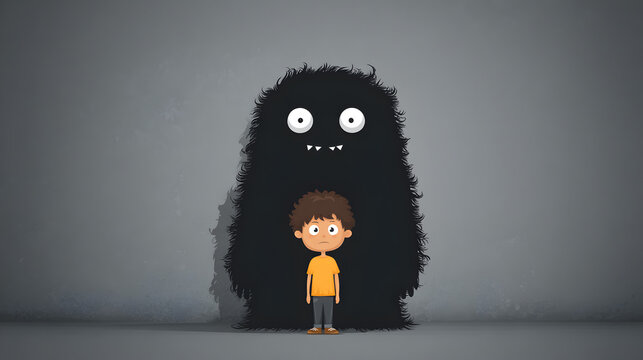 monstruo de las emociones sentimientos de miedo y asustado un monstruo de color negro con un dibujo de un ni&ntilde;o asustado personajes para terapia 