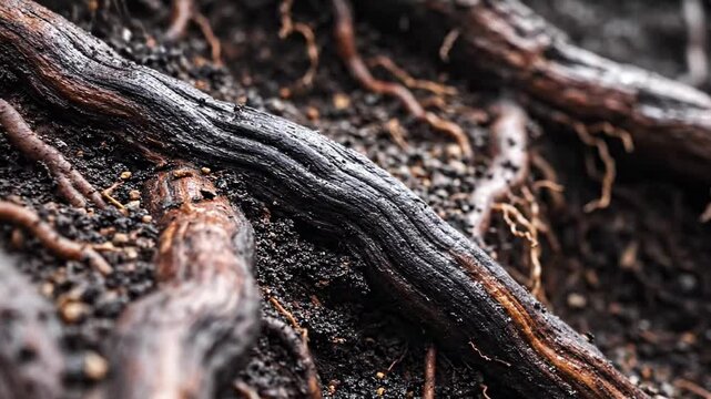 dark grey bg. A close-up view of intertwining tree roots embedded in dark, nutrient-rich soil, showcasing their intricate textures and the organic complexity of nature's underground system