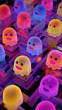 Colorful neon ghosts on geometric maze background with retro futuristic vibes
