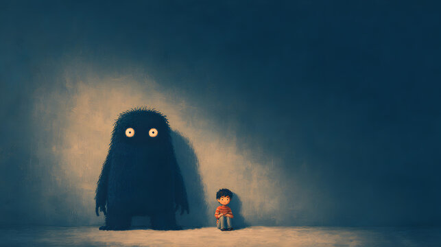 un ni&ntilde;o sentado asustado junto a un monstruo de las emociones del miedo personajes manejo de los sentimientos y emociones 