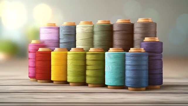 Colorful spools of thread arranged on a wooden table in a neat and organized manner viewed from the front