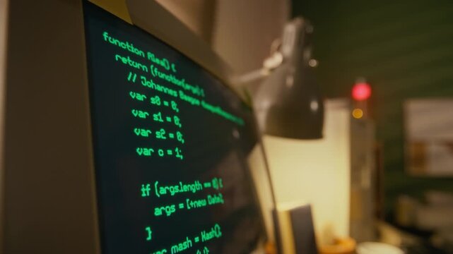 Close-up of anonymous programmer writing coding algorithm, typing lines of commands, displayed on black screen of CRT monitor of vintage computer, 1980s and 90s nostalgic technology vibe
