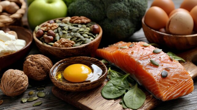 types of healthy fresh food: tuna, egg, and vegetables