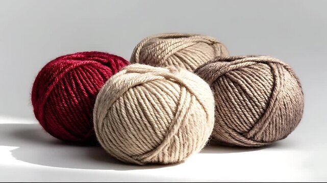 Four balls of yarn in red, beige, and brown shades arranged closely on a white surface viewed from a slight angle.