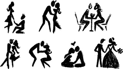 Obraz premium Hand-drawn romantic silhouettes set, vectorized charcoal sketches of a loving couple.Emotional relationship and wedding illustration set, handmade textured silhouettes of love and passion.