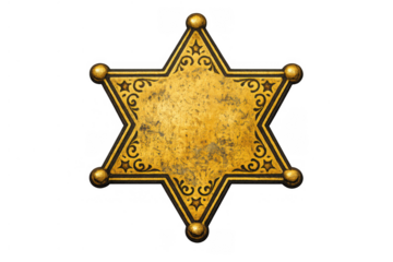 Golden sheriff star badge with intricate black details, showing a distressed metallic texture against a transparent background