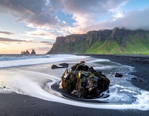 A scenic coastal landscape shows a dark sand beach with waves. Rugged, grassy cliffs and distant rock formations are present. A cloudy sky