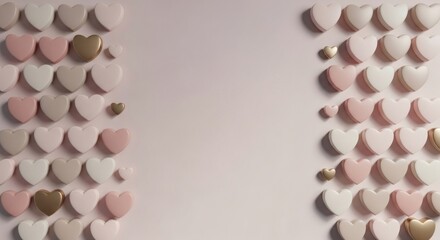 Happy Valentines Background with pink and gold hearts on a soft, pastel surface