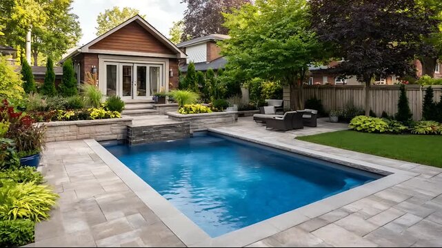 A serene backyard with a rectangular pool surrounded by lush greenery and modern patio furniture