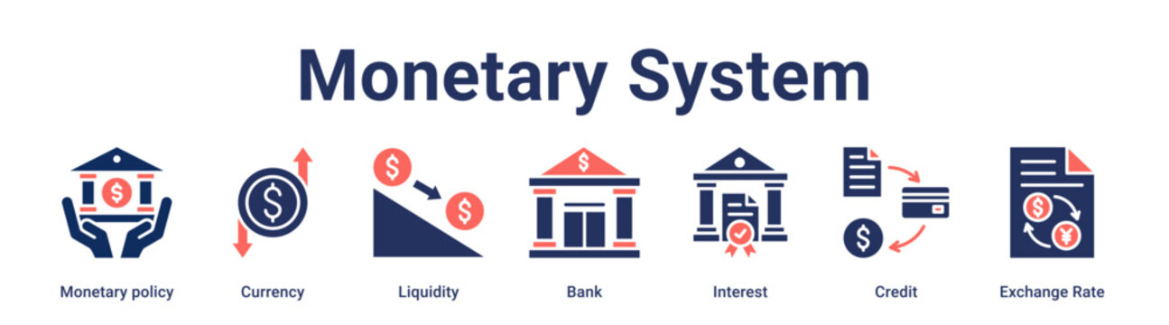 Monetary System banner web icon vector illustration concept for business with icon of Monetary policy, Currency, Liquidity, Bank, Interest, Credit, Exchange.