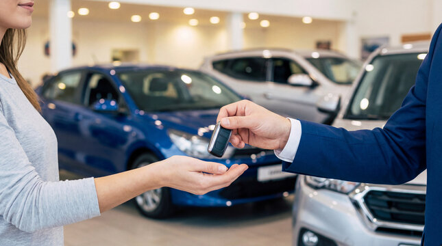 Close-up of a car dealer handing over a new car key to a female customer in a modern dealership showroom after a successful sale. Generative AI.