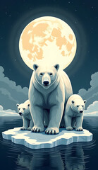 A majestic polar bear family under a giant moon, standing on a small ice floe.