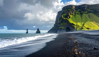 A scenic coastal landscape with a black sand beach, sea stacks, and a rugged cliffside under a dramatic, cloudy sky