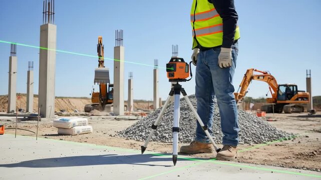 Medium shot of a worker operating a laser device to project precise boundary lines on an open construction site under clear daylight conditions.