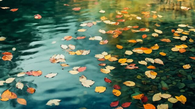 Autumn leaves floating on water surface with reflection and texture