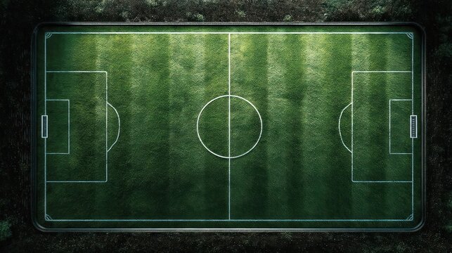 Overhead view of a rectangular, green playing field. Lines mark goals, circle, and boundary. Surrounded by dark foliage