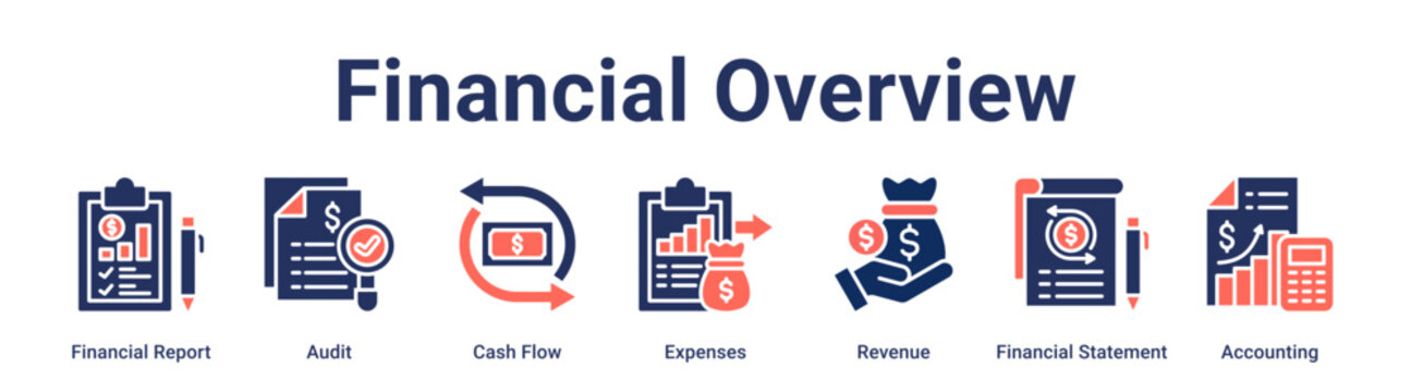 Financial Overview banner web icon vector illustration concept for business with icon of Financial Report, Audit, Cash Flow, Expenses, Revenue, Financial Statement.