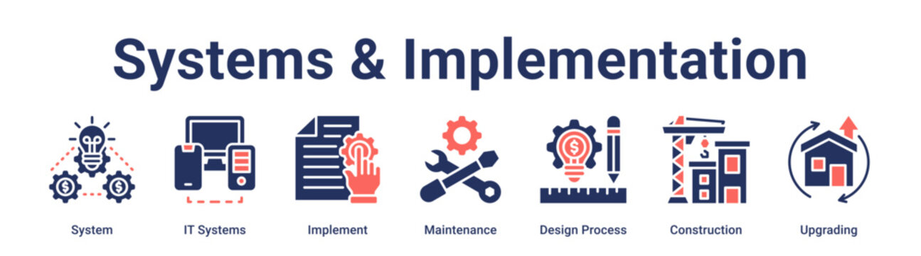 Systems & Implementation banner web icon vector illustration concept for business with icon of System, IT Systems, Implement, Maintenance, Design Process, Construction.