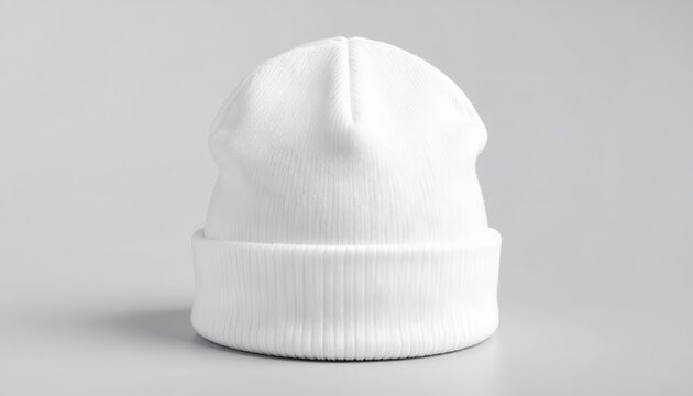 White winter beanie hat mockup on light grey background