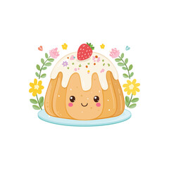 Naklejka premium Cute Kawaii Jelly Dessert with Strawberry and Flowers, Whimsical Treat Illustration
