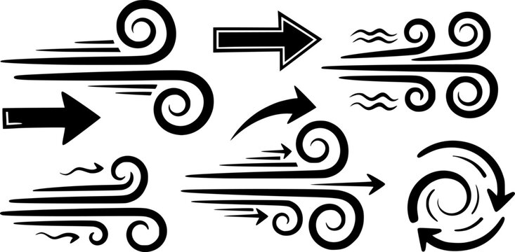 Hand-drawn wind symbols and arrows on a white background
