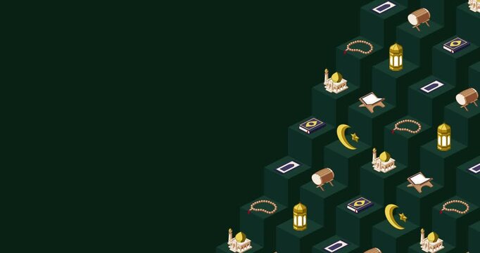 Ramadan themed dark green title page with isometric icons and geometric background