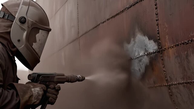 Worker wearing protective gear uses high-pressure sandblaster to remove rust from riveted metal surface of ship hull
