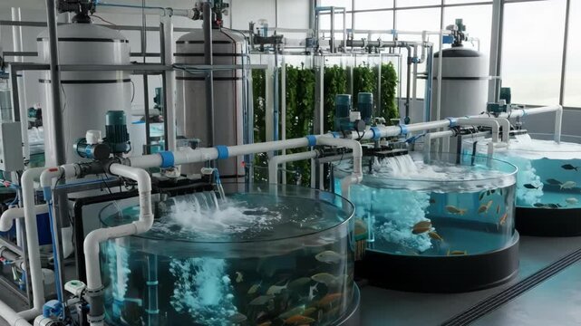 Medium shot of a recirculating aquaculture system showcasing water filtration and circulation equipment designed to reduce waste and improve fish farming sustainability.