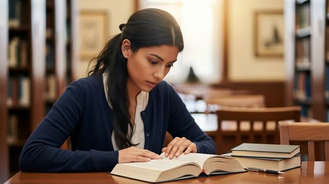 Young Adult Female Studying in Library with Open Book and Notebooks