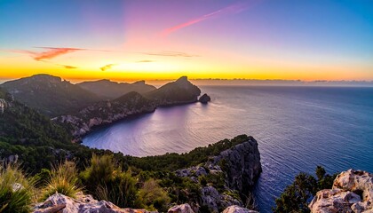 A scenic coastal view at sunset showcasing rugged cliffs, a serene bay, and the ocean under a vibrant sky