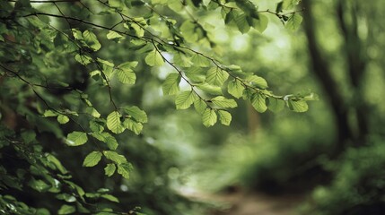 Soft-focus woodland with fresh green leaves 