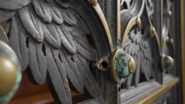 Close-up of Ornate Door with Decorative Winged Details.