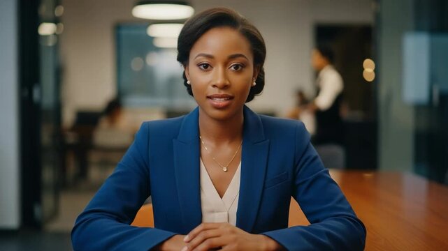Professional African American Woman in Blue Suit Sitting at Office Desk with Modern Aesthetic