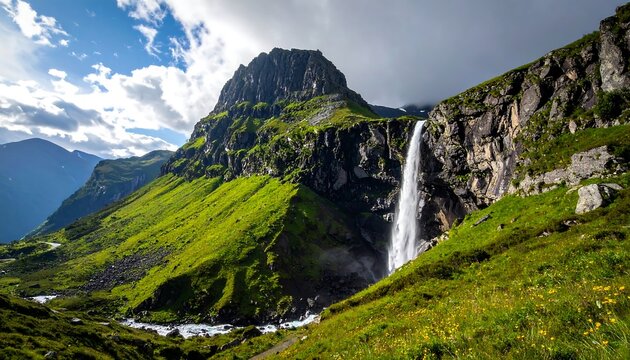 A scenic mountainous landscape features a majestic waterfall cascading down a cliff face amid lush green foliage