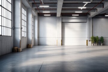 Obraz premium Spacious Industrial Warehouse Interior With Open Large Door on Left Side