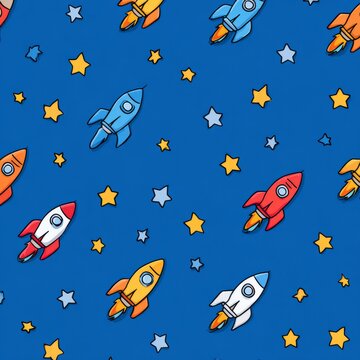 Cute seamless space pattern with colorful flying rockets and stars on a dark blue background. Perfect for kids wallpaper, nursery textiles, gift wrap, and stationery designs.