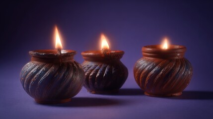 Three traditional clay oil lamps glowing in the dark, symbolizing Diwali festival.