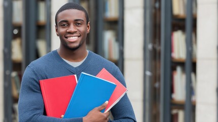 Smiling African American student with books in library setting.