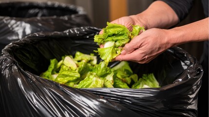 Discarded lettuce being thrown into a black trash bag.