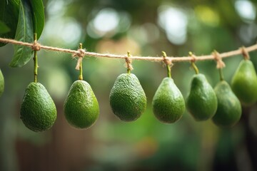 Fresh Green Avocados Hanging on a Twine Line Outdoors.