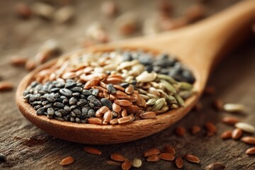 Wooden Spoon Filled with Assorted Seeds on Rustic Wood Surface.