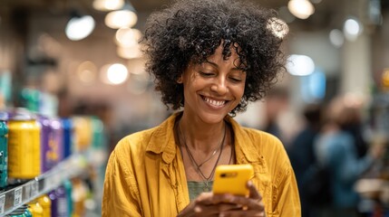 Smiling African American Woman Using Smartphone in a Grocery Store.