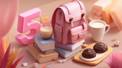 Pink Backpack and School Supplies with Cookies and Milk.