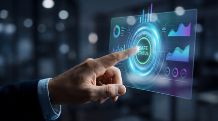 Businessperson's hand interacting with a futuristic digital interface displaying a safe status indicator and data analytics graphs