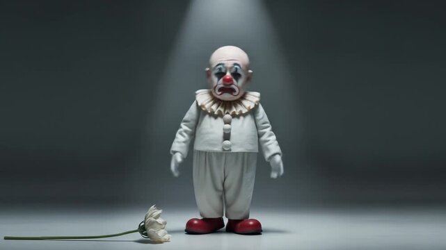 Creepy Clown Doll with Deflated Balloon Under Spotlight in Dark Room.