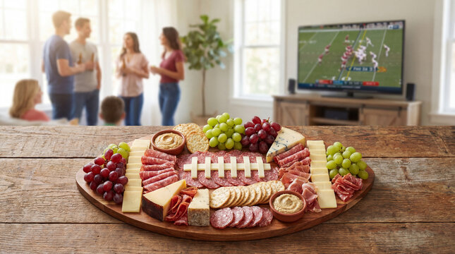 Big Game Party Food Charcuterie Board Football Shape Cheese Meat Snacks for Restaurant Menu Sports Bar Promotion Catering Advertisement