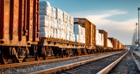 Fototapeta premium Freight Train Transporting Fresh Agricultural Goods in Beautiful Landscape